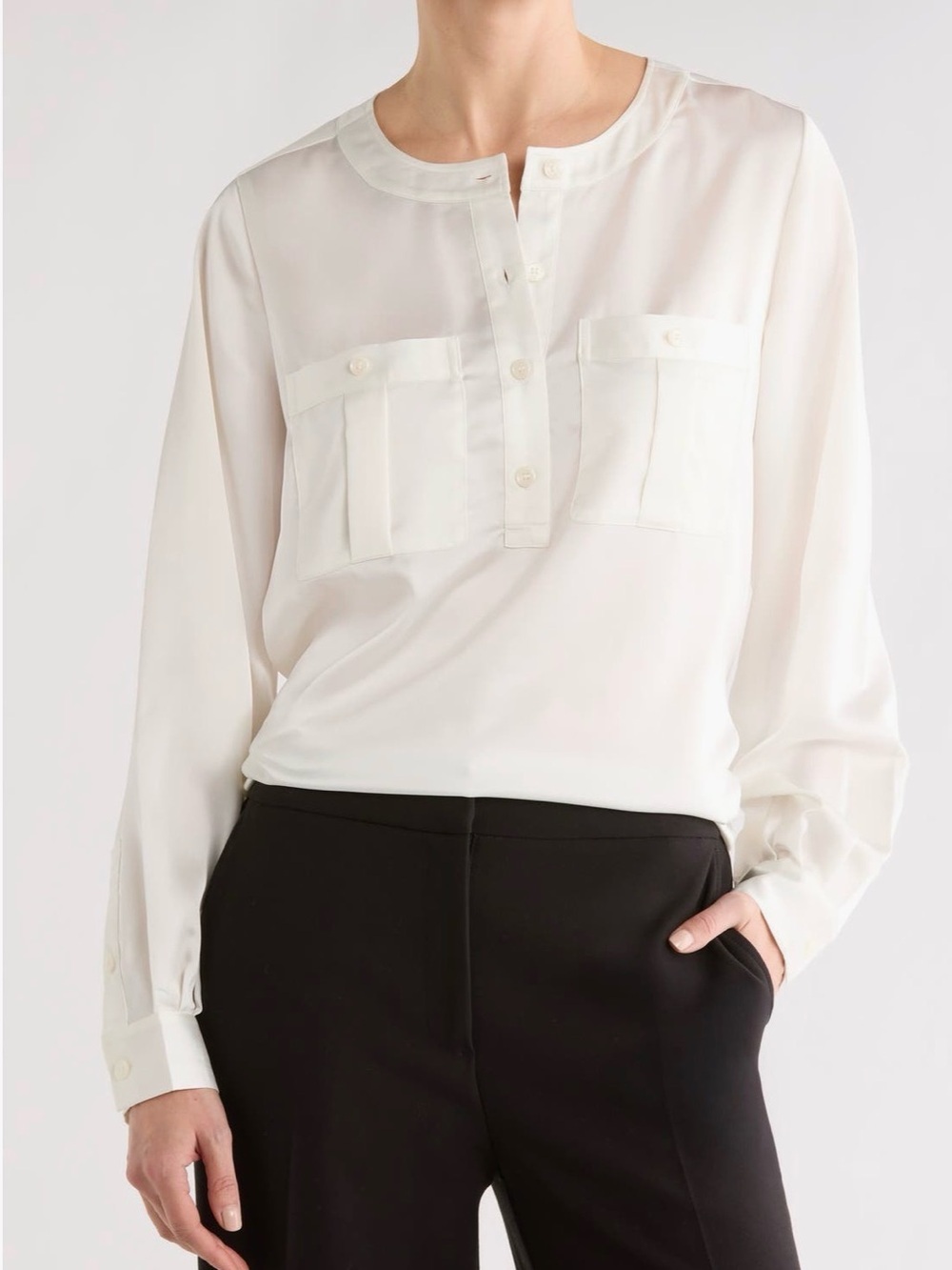 NWT FRAME Henley Satin Blouse Size Large Cream Button Front Pocket Top